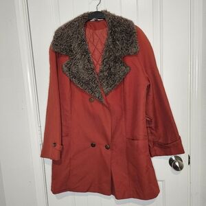 Vtg Lady Blair Red Orange Quilted Coat Faux Fur Collar Double Breasted